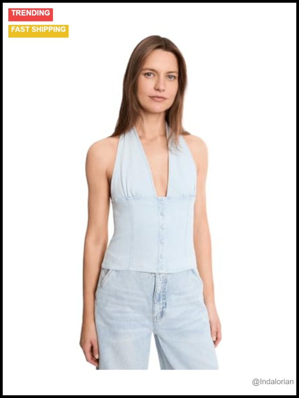 Free People Ramona Denim Halter Top V-Neck Button Front Sleeveless